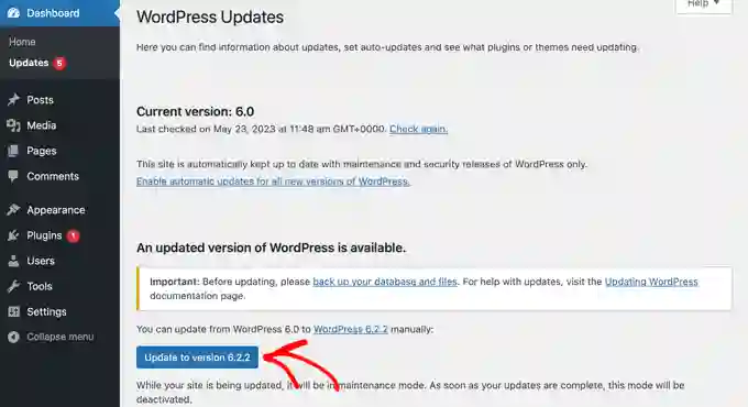 Aggiornamento di WordPress Core dalla Dashboard